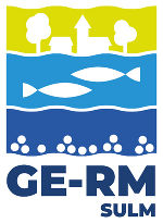 Logo 'GE-RM Sulm': stilisierte Darstellung von Wasser, Fischen und Vegetation über blauem Hintergrund.