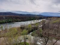 Überblick über einen breiten Flusslauf mit angrenzendem Wald.