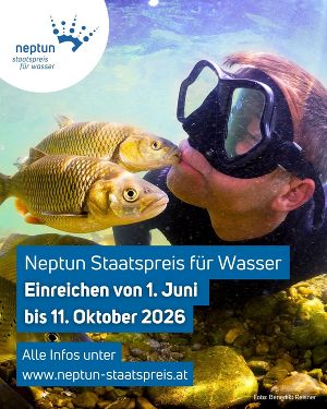 Werbebild für den Neptun Staatspreis für Wasser: Person mit Taucherbrille betrachtet einen Fisch. Hinweis auf Einreichungsfrist.
