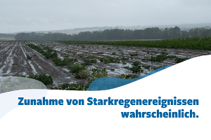 Übersicht über Ackerland mit Wasser nach Starkregen, symbolisiert zunehmende Wetterextreme. Text: 'Zunahme von Starkregenereignissen wahrscheinlich.'”