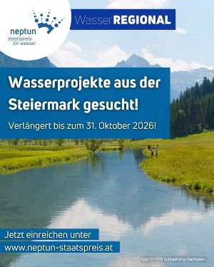 Luftbild einer Flusslandschaft mit Text zur Fristverlängerung des Neptun Staatspreises für Wasser bis 31. Oktober.