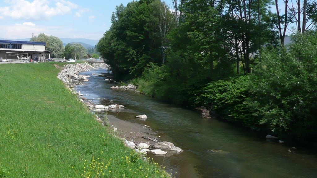 Einbau von Wasserbausteinen und Wurzelstöcken an der Kainach in Voitsberg Einbau von Wasserbausteinen und Wurzelstöcken an der Kainach in Voitsberg