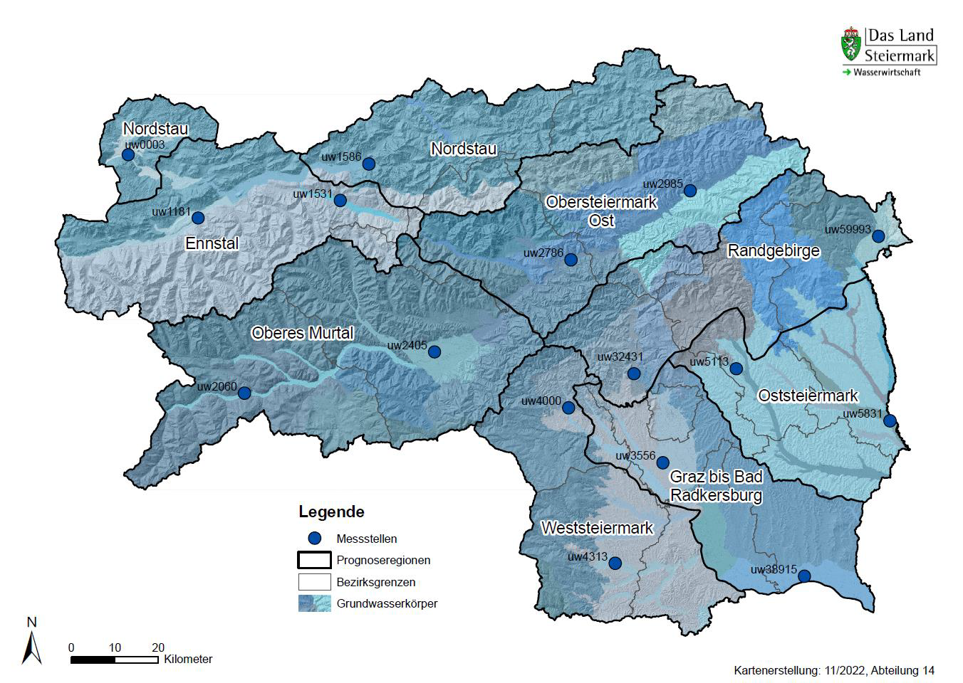 Steiermark-Landkarte mit eingezeichneten Messtellen, Prognoseregionen, Grundwasserkörper und Bezirksgrenzen