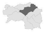 Übersichtskarte mit den 8 Prognoseregionen der Steiermark. Die Prognoseregion Obersteiermark Ost ist grau hinterlegt.
