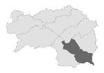 Übersichtskarte mit den 8 Prognoseregionen der Steiermark. Die Prognoseregion Graz bis Bad Radkersburg ist grau hinterlegt