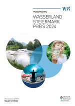 Cover der Wasserland Steiermark Preis 2024 Ausschreibung, zu sehen sind 3 runde Bilder zum Thema.